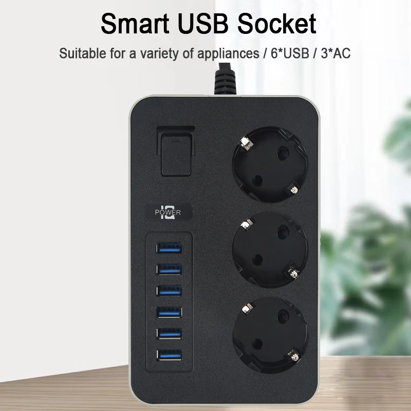 EU Plug AC Outlet Power Strip Multiprise 3m Extension Cord Electrical Socket Smart Home 6 USB Ports Phone Charge Network Filter