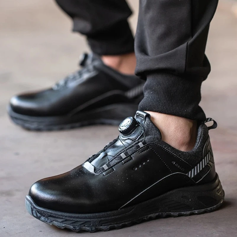 

plastic toe cap safety shoes with rotary button black waterproof work shoes for men anti slip anti puncture ankle safety boots