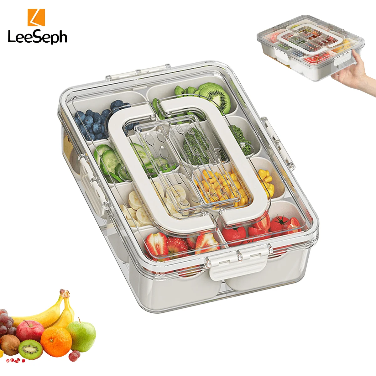 Leeseph Divided Serving Tray with Lid and Handle, Snackle Box Charcuterie Container for Portable Snack Platters for Picnic Party