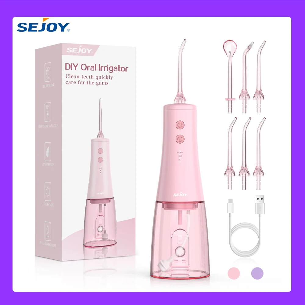 SEJOY 치과 구강 세정기, USB 충전식 치아 클리너, 휴대용 치과 물 치실, 3 가지 모드, IPX7 구강 세척기, 350m 