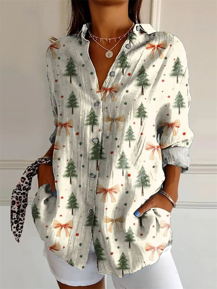 2025 クリスマス レディース クリスマスツリー 3D プリント シャツ ファッションカラー ルーズフィット 通気性 ストリートウェア シャツ リラックスフィット