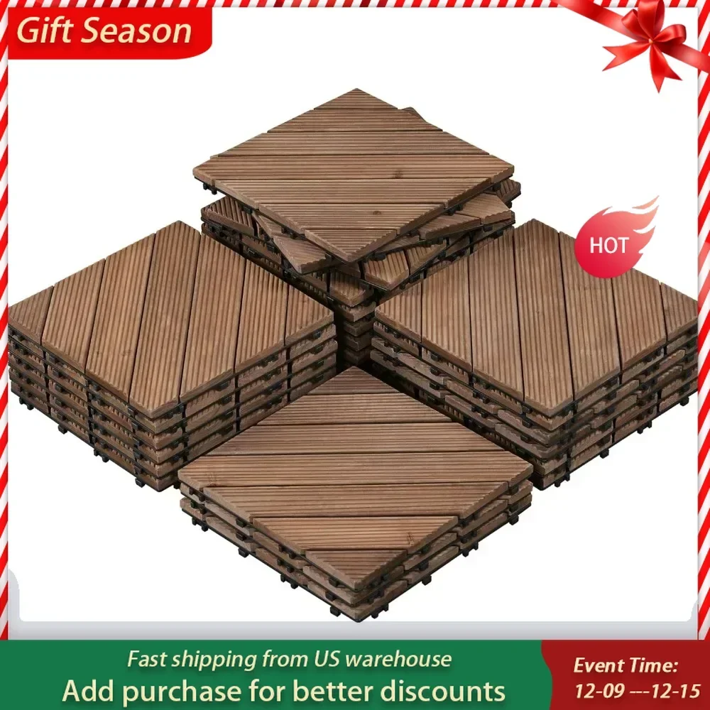 27 Pcs Fir Wood Flooring Tiles,  Easy Flooring Indoor & Outdoor for Patio Garden Deck, 12 x 12in Interlocking Wood Decking Tiles