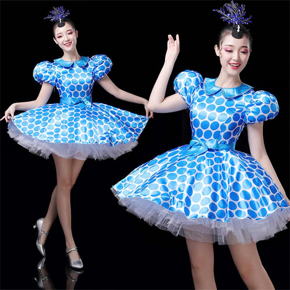 

Adult Female Modern Dance Dress Opening Dance Costume Dot Bubble Mini Dress Women Dancer Team Performance Stage Wear Pink Blue