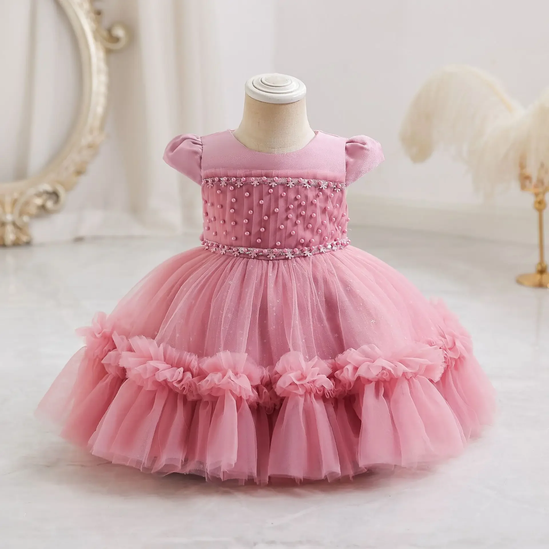 Baby Girl Dress Pearls Lace 1st Birthday Party Infant Girl Princess Wedding Baptism Ball Gown 6M to 2 3 4 Years