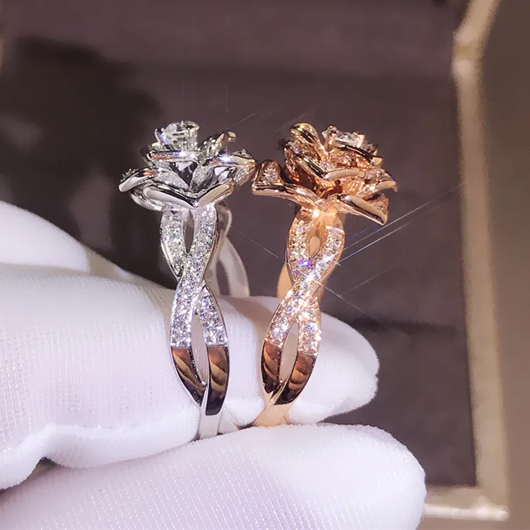 Simulation zircon silver ring, rose socialite wedding ring.