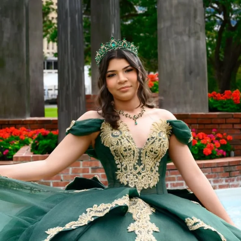 

Customized blackish green Quinceanera Dresses Off the Shoulder sequin applique Long tail Big Bow Vestido 15 Quinceanera