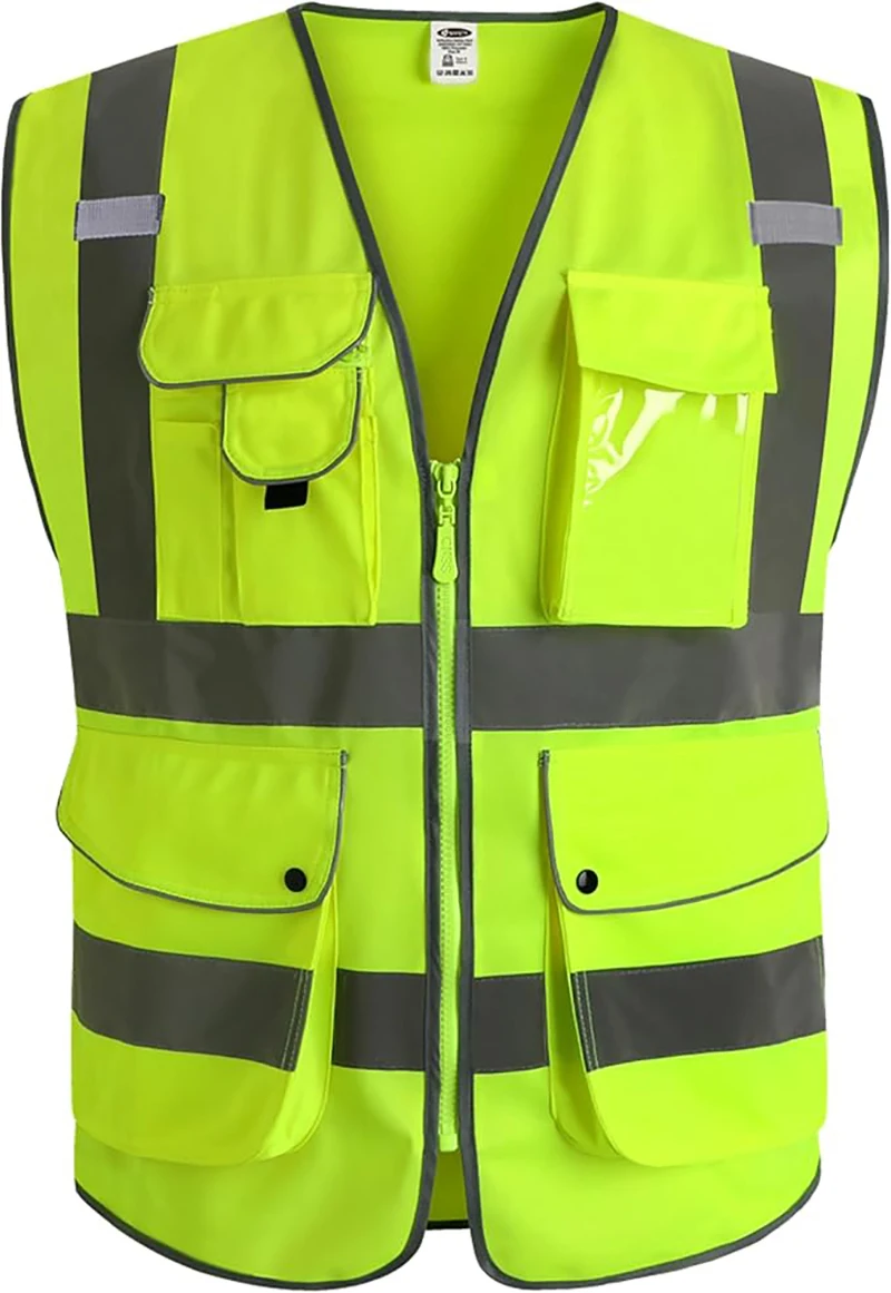 

9 Pockets Class 2 High Visibility Zipper Front Safety Vest With Reflective Strips Yellow