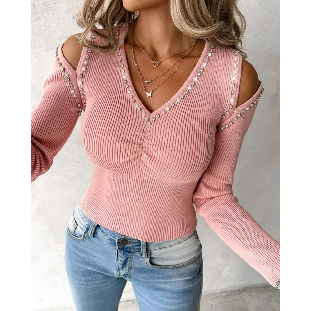 女性秋冬ラインストーン装飾 V ネックコールドショルダーシャーリングニットプルオーバーセーターファッションスリムフィットレイヤリング長袖トップ