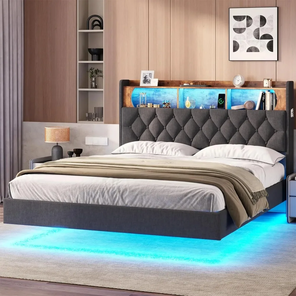 

Full Size Floating Bed Frame with LED Headboard, Outlets and USB Ports, Linen Upholstered Platform Bed with Storage Headboard