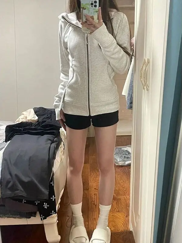 

Women's Fleece Lined Slim Fit Yoga Sweatshirt Cardigan Hooded Thickened Spring Autumn White Grey Casual Outerwear