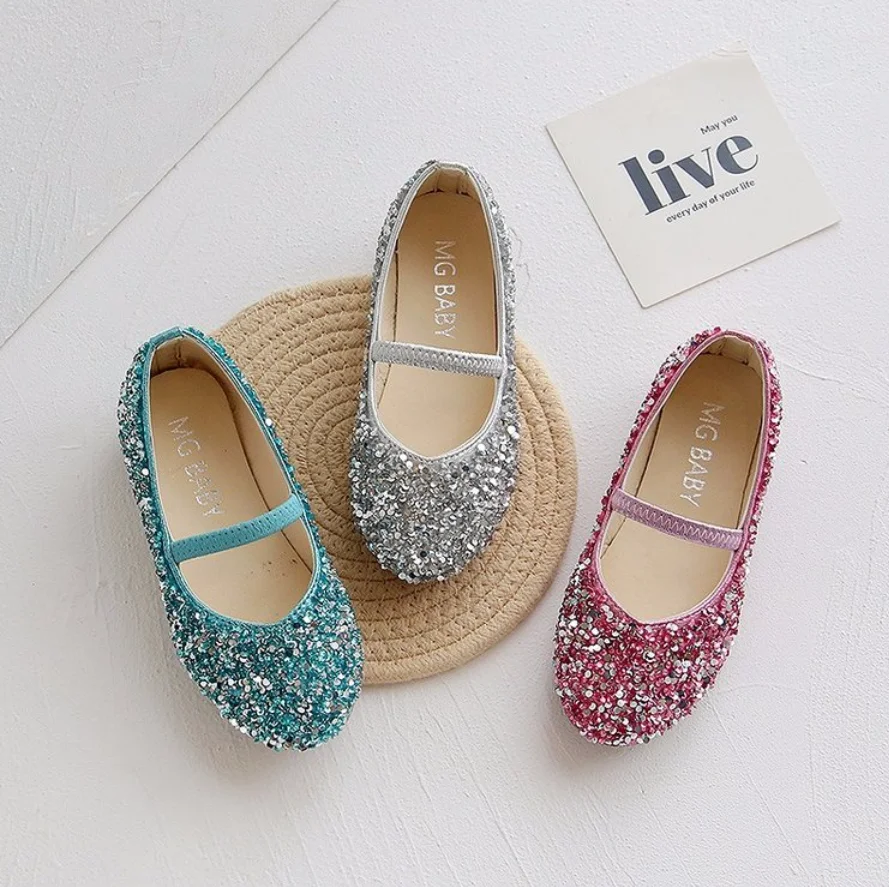 2026Spring Sparkling Rhinestone Flat Mary Jane Shoes Girls Dress Shoes Pointed Toe Teen Girl Leather Shoes Princess Wedding Shoe