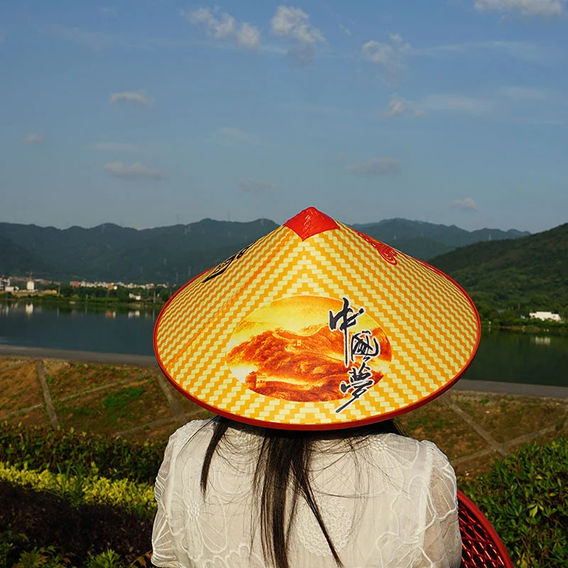 Chinese Retro Bamboo Rattan Fisherman Hat Handmade Weave Straw Bucket Hat Rain Dance Props Cone Sunshade Hat Plastic Bamboo Hat