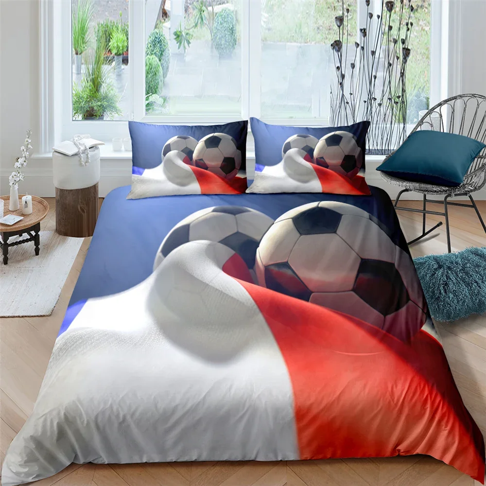 3D Football King Queen Duvet Cover Soccer Bedding Set for Kids Teens Boys Ball Sports White Red 2/3pcs Polyester Quilt Cover