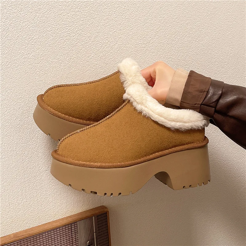 Thick-soled shaggy slippers with baotou head female winter wear2024 new small height increase plus cashmere warm cotton slippers