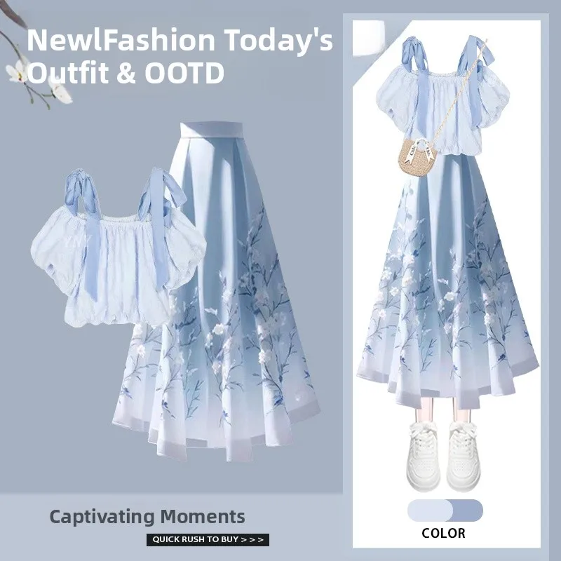 Set gonna a vita alta estiva Fre Abito da donna unico in due pezzi Sli Fibra di poliestere abbottonatura Ensemble Faionable