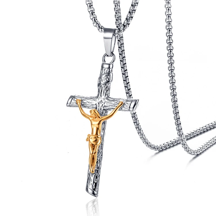 Two Tone Gold Color 316L Stainless Steel INRI Jesus Cross Crucifix Pendant Necklaces for Men Fashion Jewelry Father Gift