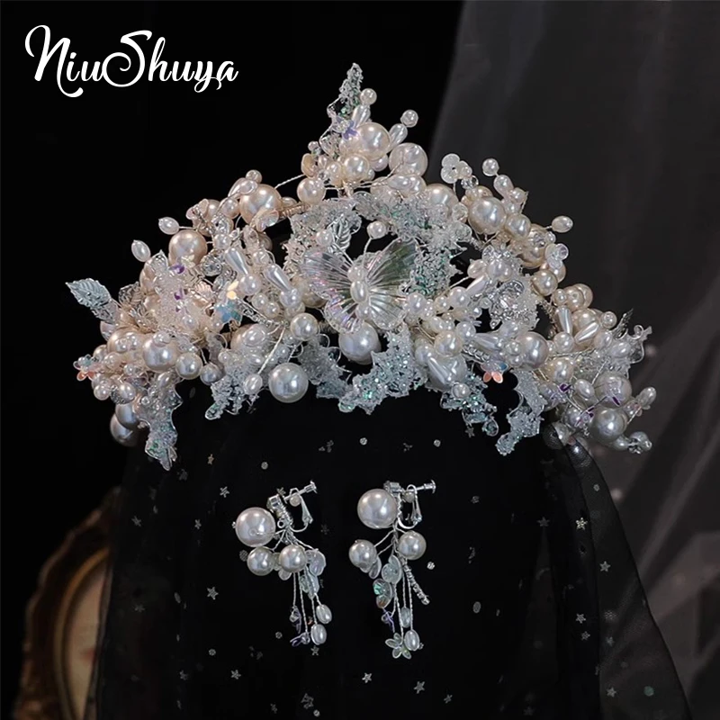 

NiuShuya Handmade Bridal Crown Headdress Luxurious Pearl Beautiful Super Fairy Butterfly Designs Birthday Princess Accessories