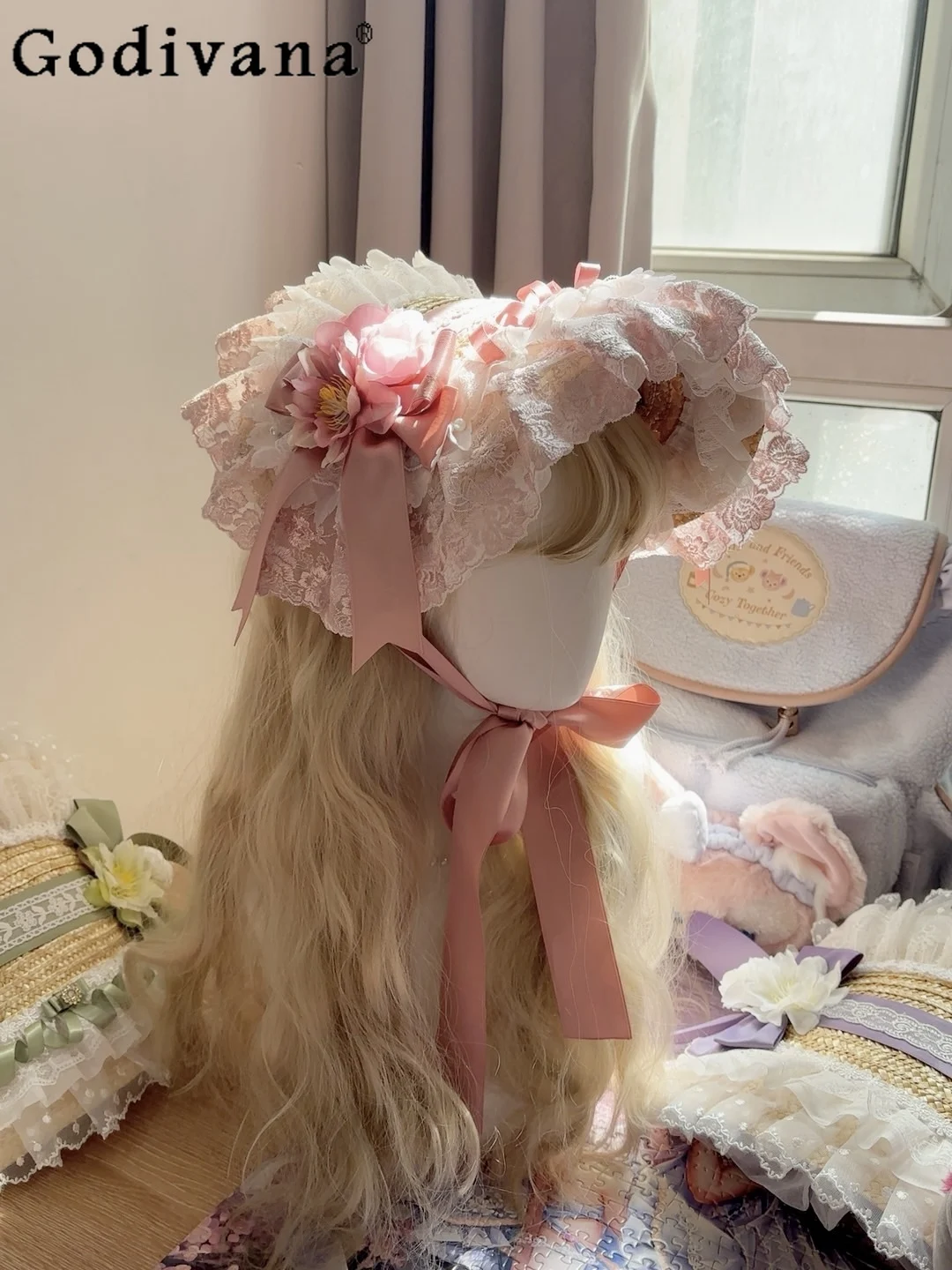 

Lolita Hat Handmade Pink Lace Embroidery BNT Original Design Lolita cos Straw Hat for Women