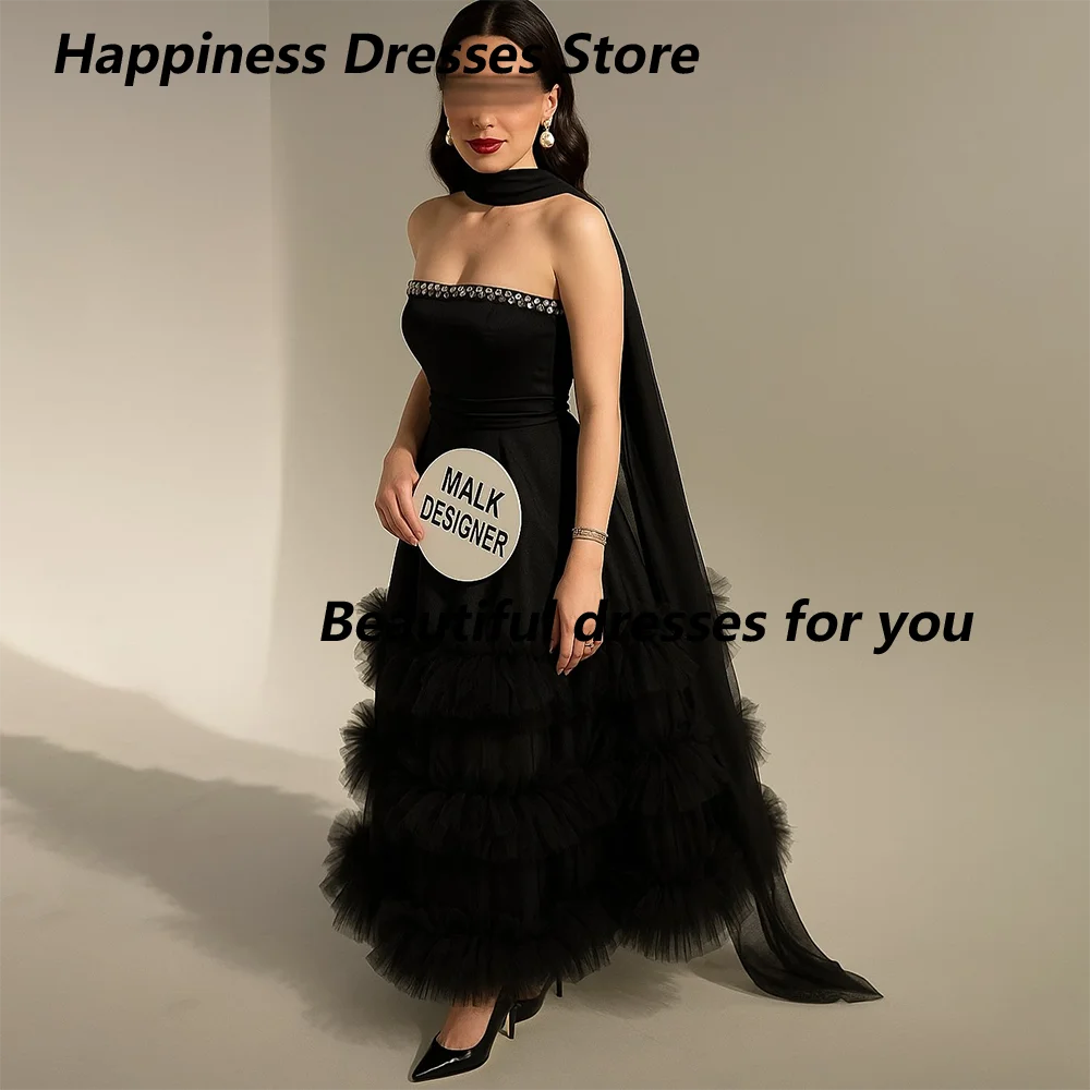 

Black Evening Dress Customized Crystals Strapless Pleat Tulle A Line Formal Party Gowns for Women 2025 Modest Wedding Guest Dres