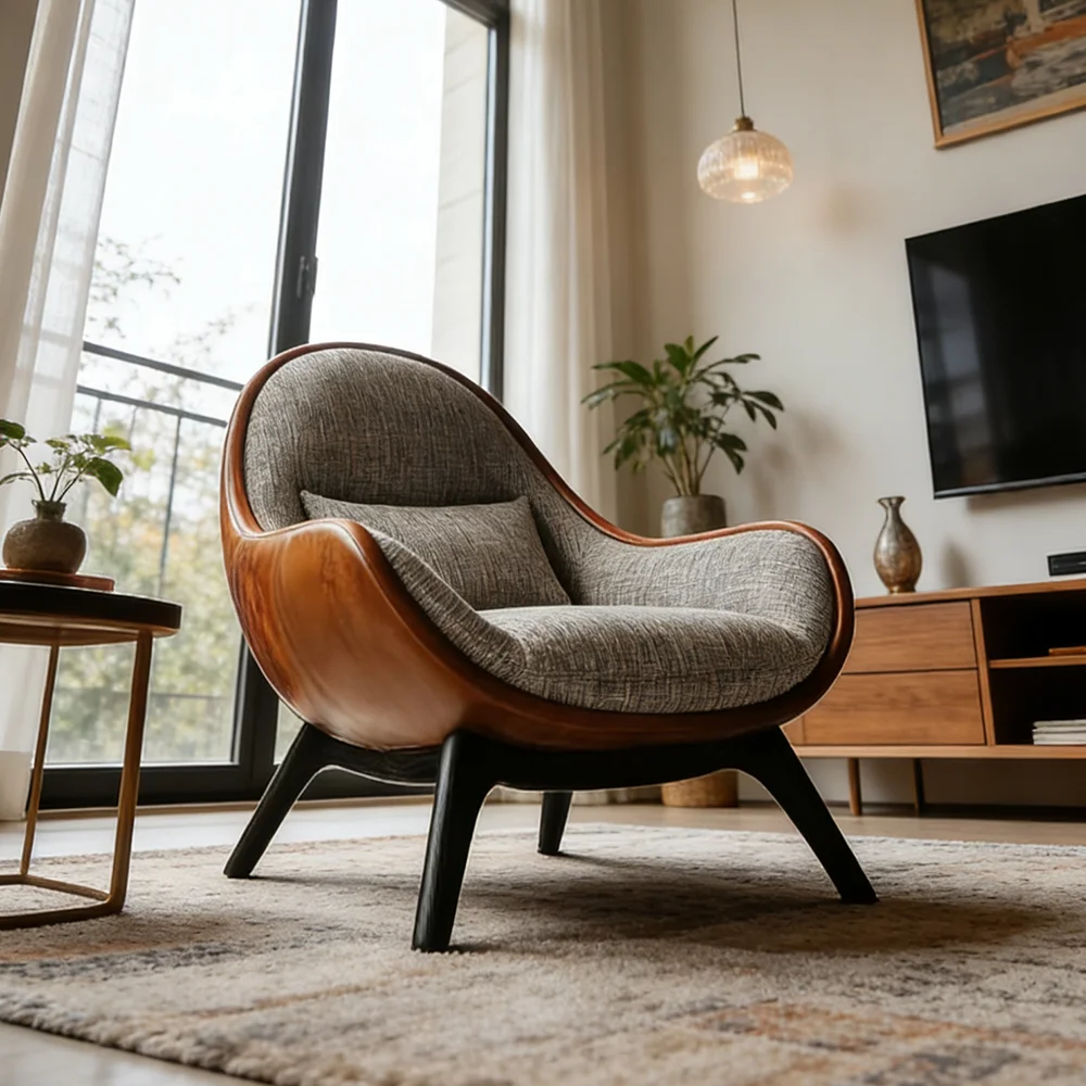 klNordic Minimalist Solid Wood Frame Lounge Seat Padded Grey Fabric Reading Armchair Scandi Style Furniture Occasional Chairs！