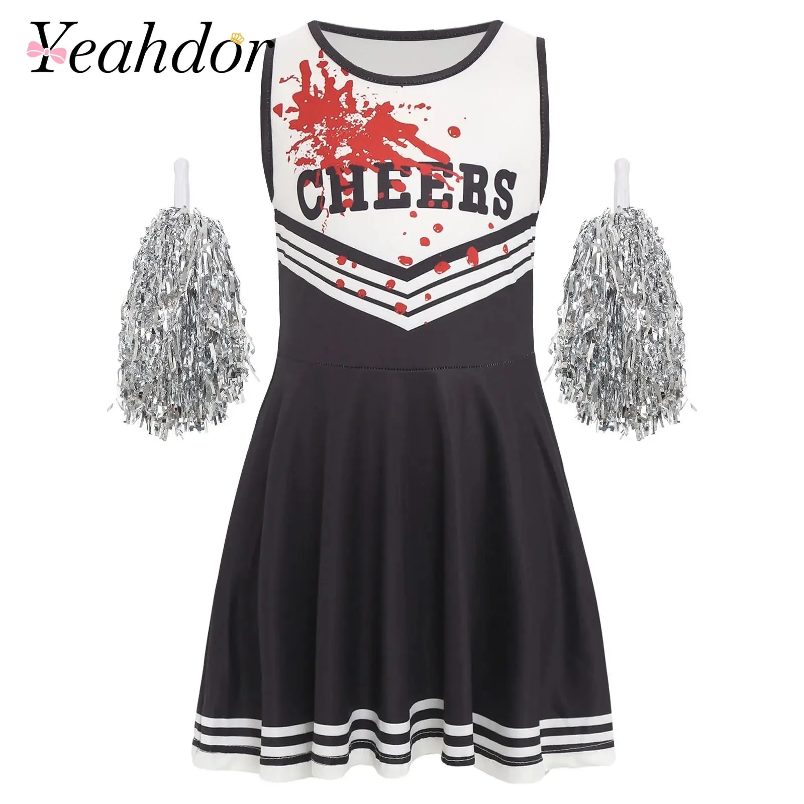 Kids Girls Cheer Leader Costume Set Blood Dress Halloween Fancy Dress Cheerleading Horror Themed Parties Zombie Scary Outfit