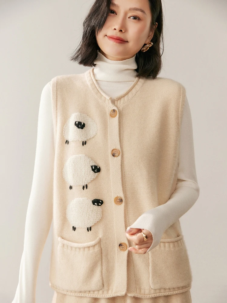 Outono inverno feminino dos desenhos animados bordado colete de malha 100% camisola de caxemira sem mangas colete cardigan macio estilo doce topos
