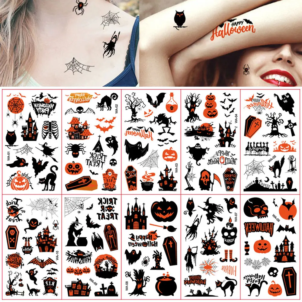 

10pcs Halloween Temporary Tattoo Stickers for Men and Women Bat Ghost Fake Tattoo Waterproof