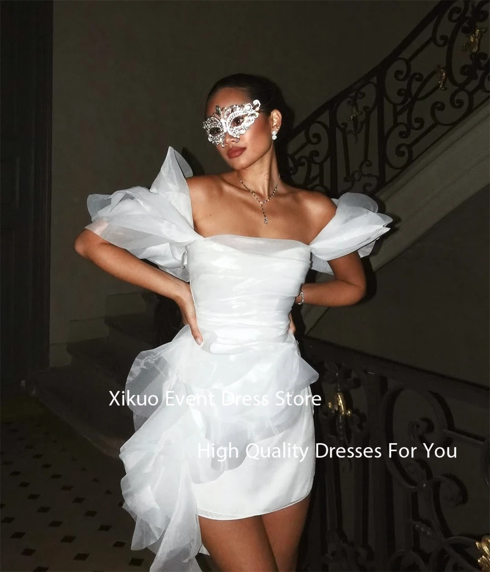 Xikuo Abiti da sposa corti in organza sexy sopra il ginocchio Abiti da sposa Donna Cocktail Maniche a sbuffo Robe De Mariée Personalizzato