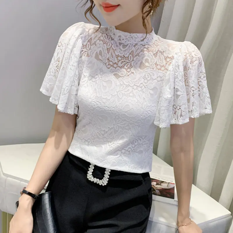 

Lace T Shirt Women Stand Collar Perspective Women's T-shirt Flare Sleeve Women's Tee Shirt Summer Ruffles Sleeve Blouses Q78