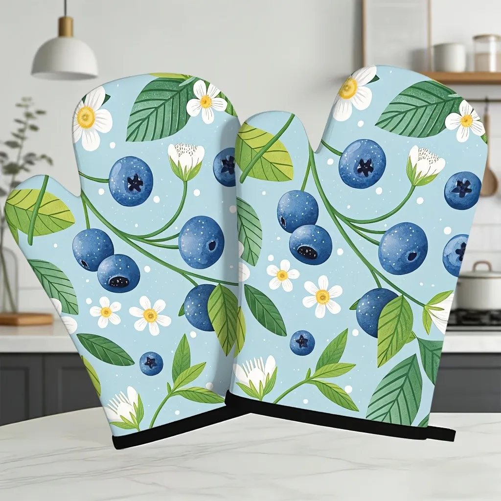 Blueberry Floral Print Oven Mitts 2pcs Heat Resistant Non-Slip for Kitchen Cooking Baking