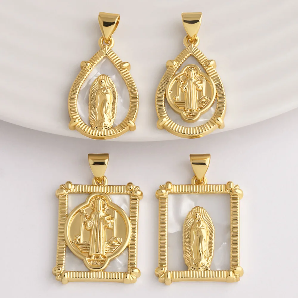 OCESRIO Gold Plated Brass Shell Virgin Mary Pendant for Necklace waterdrop Square Religious Charms Jewelry Accessory pdtb888