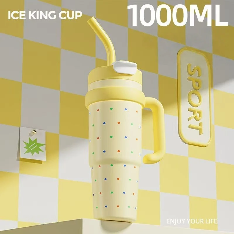 

1000ML Large Capacity Vacuum Tumbler Cartoon with Handle&lids Vacuum Cup Stainless Steel Leak-Proof Thermal Water Bottle Outdoor