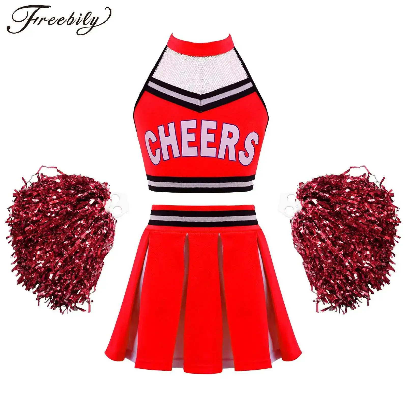 

Kids High School Girls Cheer Leader Costumes Cheerleading uniforms Halloween Cosplay Costumes Crop Top + Skirt + Flower Ball Set