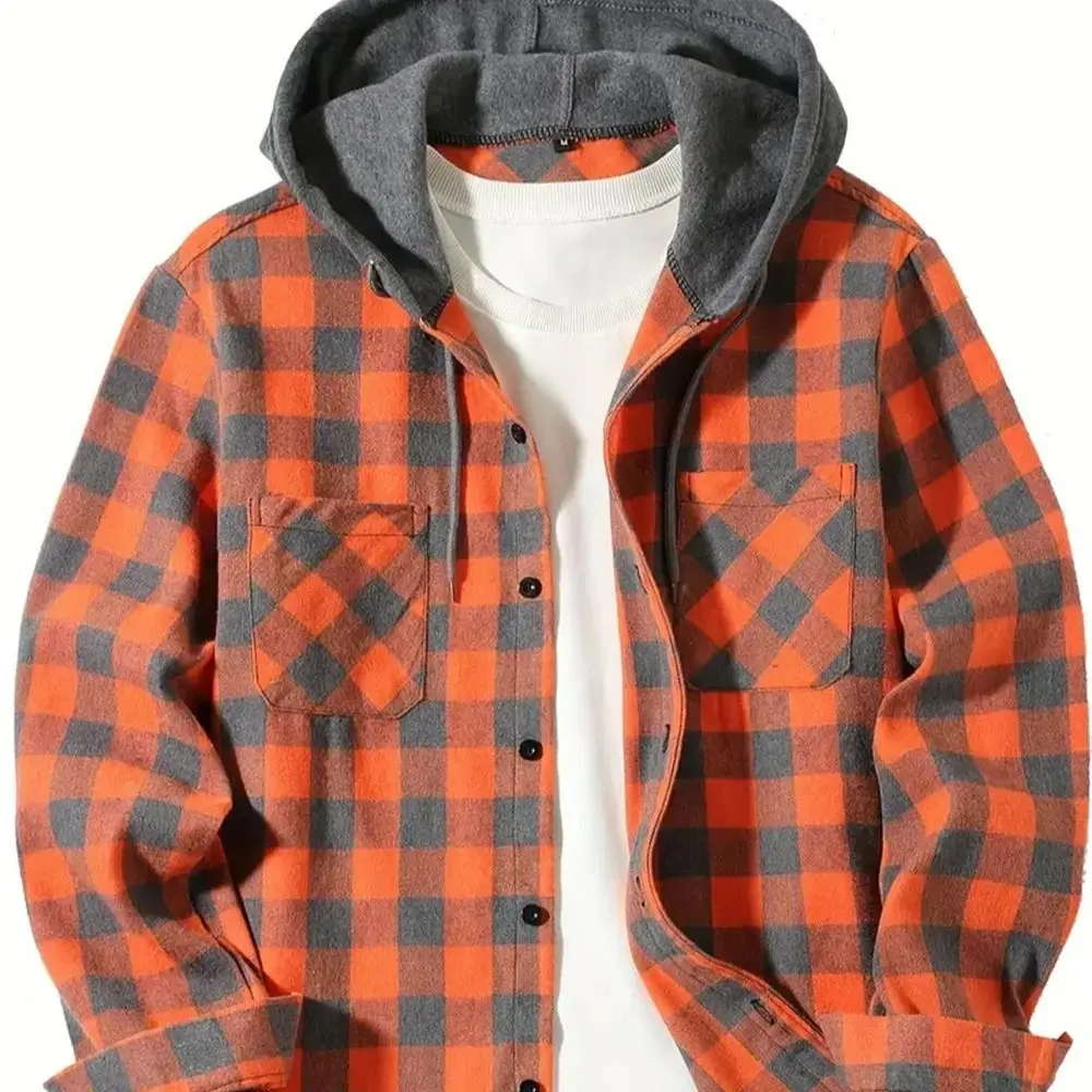 DMDRS - Men's Plaid Hoodie Shirt Jacket Long Sleeve Casual Flannel Button Shirts Autumn Plus Size Big Man Jacket Hot Dealing