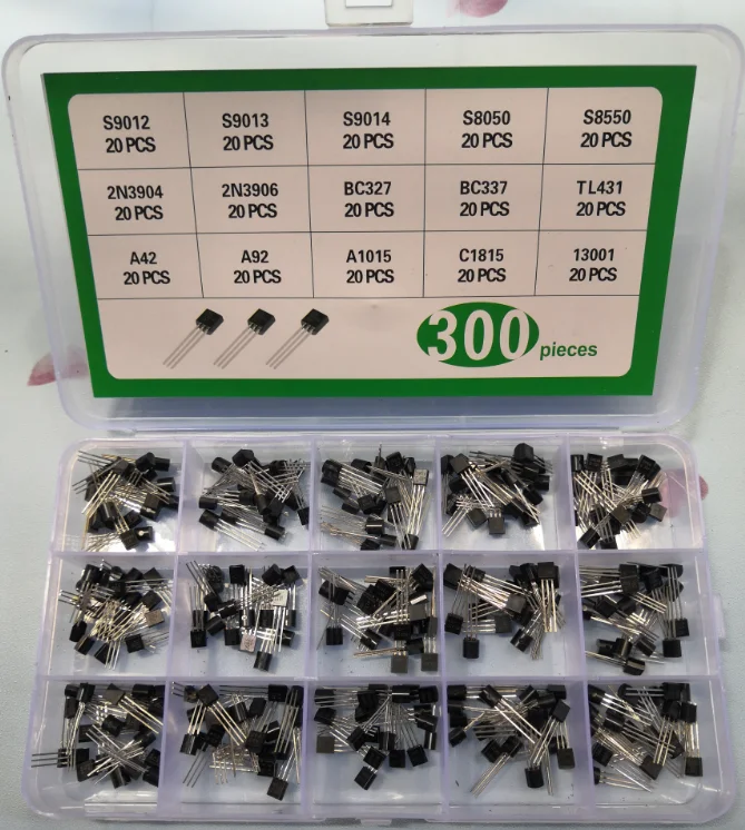 トランジスタキット 300 個 = 15 値 * 20 個 TL431A A42 A92 A1050 C1815 13001 S9012/9013/9014/8050/8550 2N3904/3906 BC327 BC337 ボックスセット