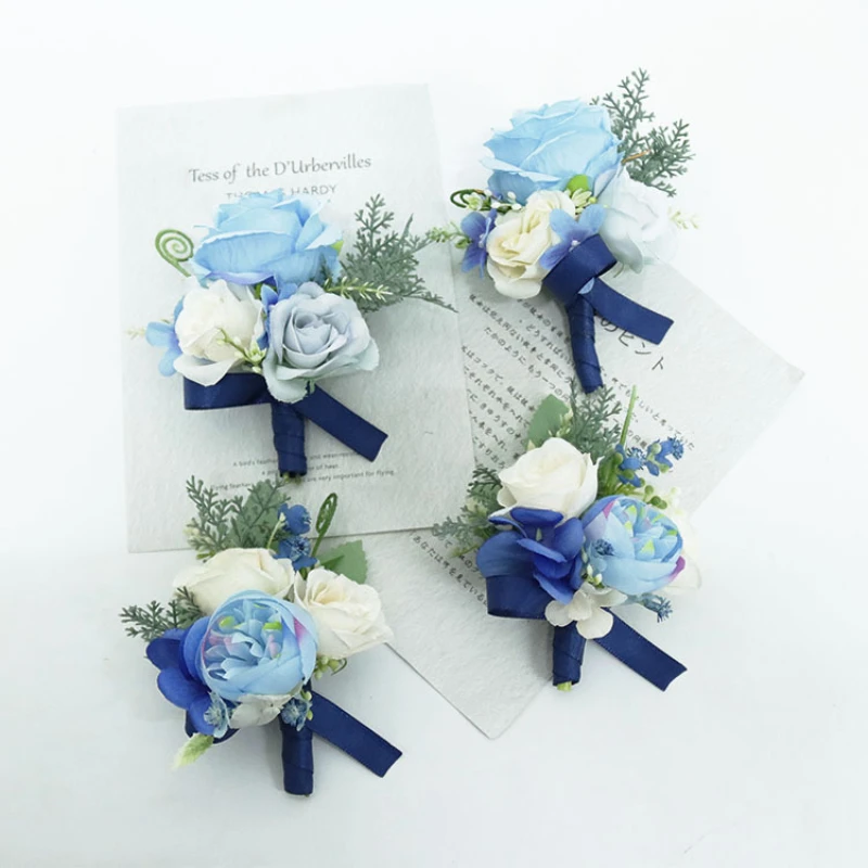 Blue Wrist Corsage Tulip Silk Flower Cuff Bracelets Corsages for Men Boutonniere Flower Marriage Prom Party Wedding Accessories