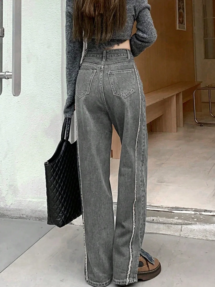 

Summer Chic American Retro High Street Loose Wide Leg Jeans Women's High Waist Floor Length Pants Bla Straight Cut Denim