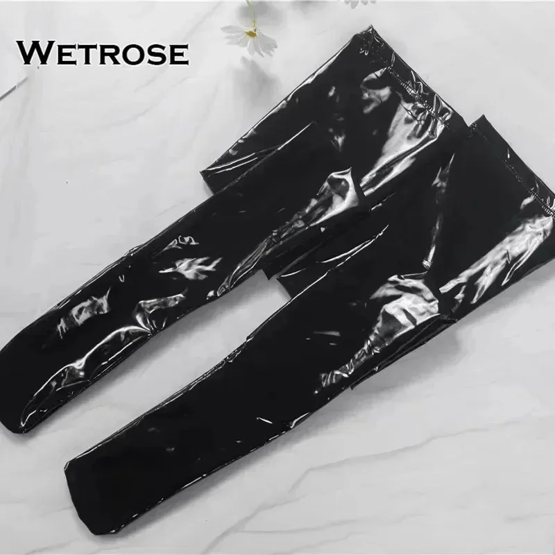 【Wetrose】섹시한 역방향 토끼 소녀 가랑이없는 검은 PU 특허 가죽 라텍스 귀여운 코스프레 의상 뜨거운 에로틱 비키니 Av 란제리 세트