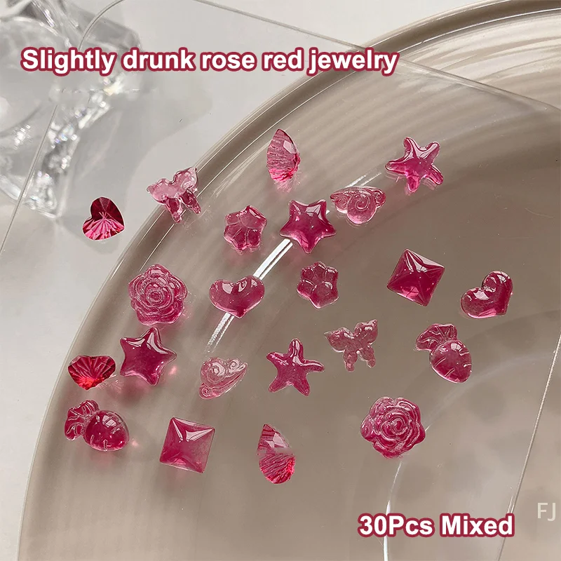 

[YU]30 Pcs Mixed Rose Red Nail Charms 3d Resin Heart Five-Pointed Star Butterfly Cat'S Paw Nail Art Decorations Accessories