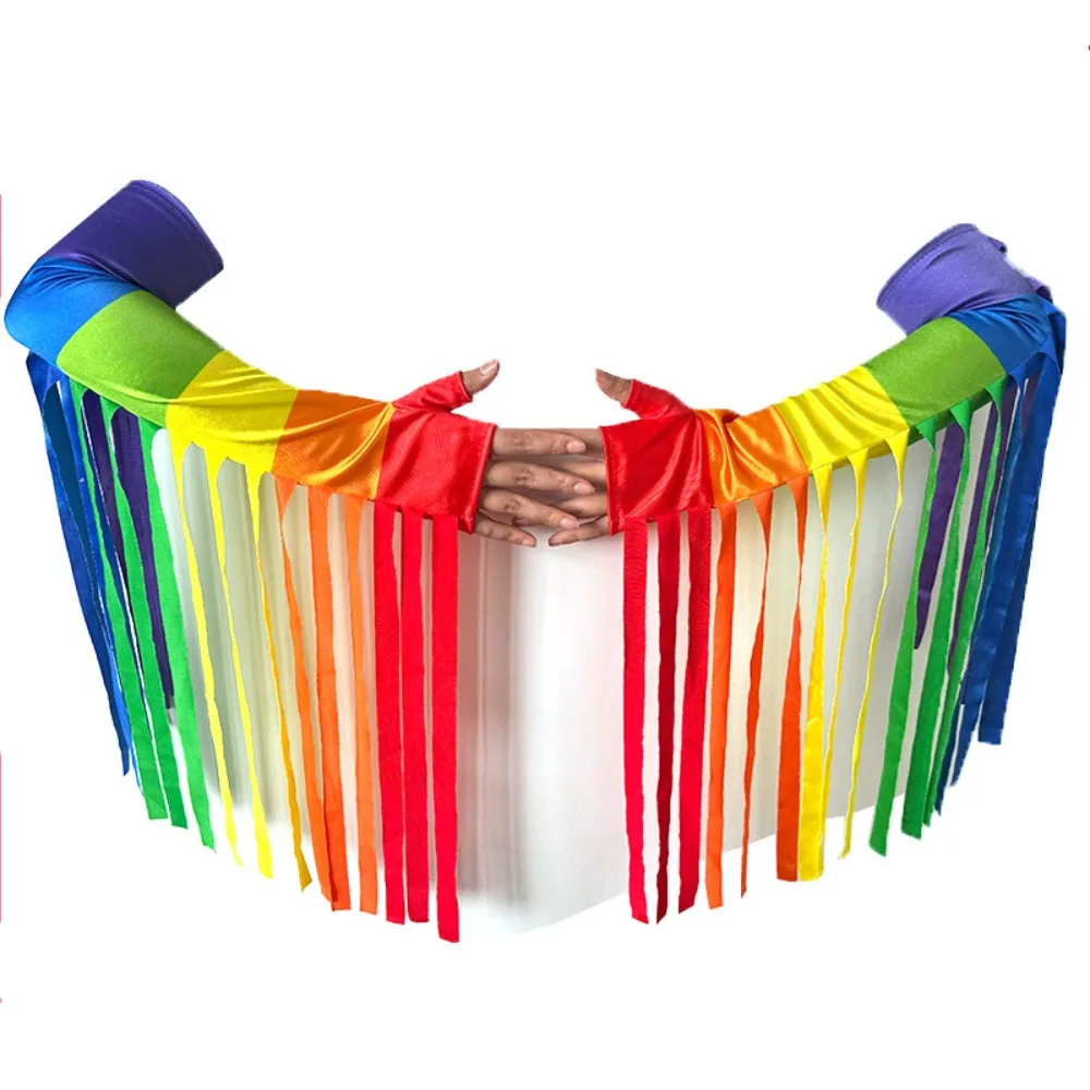 Weiche Stretch Regenbogen Lange Handschuhe Mode Kostüm Regenbogen Quaste Handschuhe Parade Fransen Bunte Fäustlinge Party