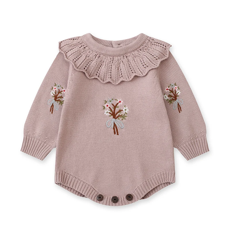 Infant Baby Girls Long Sleeve Sweet Embroider Knit Jumpsuit Spring Autumn Newborn Kids Baby Girls Clothes Rompers