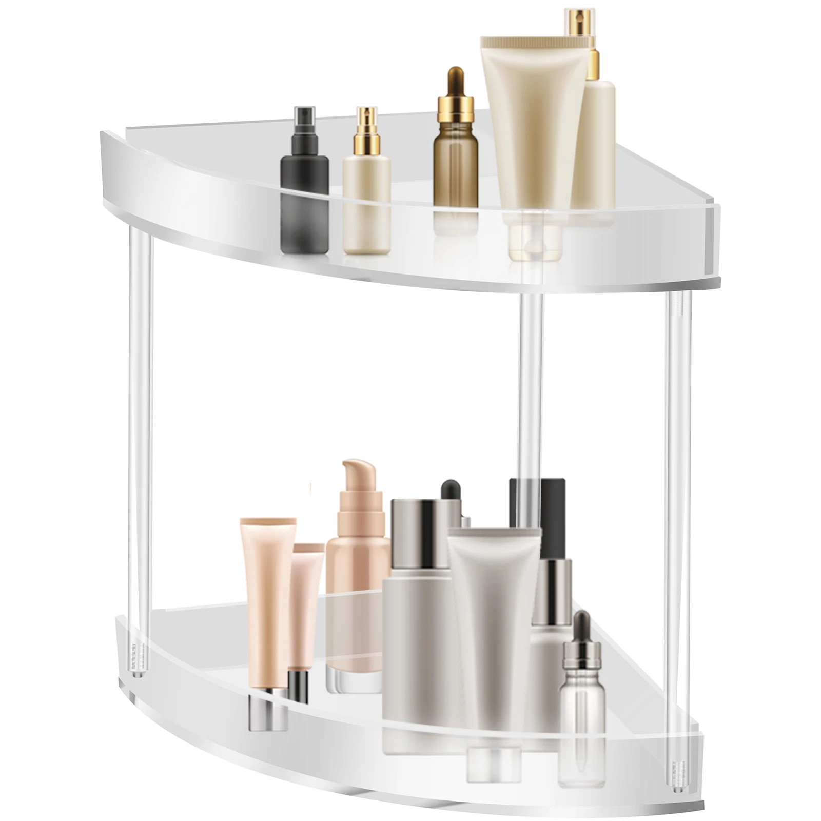 2-Tier Corner Bathroom Counter Organizer Tool-Less Installation Vanity Shelf Small Plastics Countertop Makeup Tray Organizers