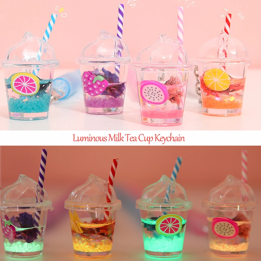 Mini Luminous Fruit Bubble Tea Cup Keychain For Women Girls Bag Cute Simulation Car Toy Pendant Bag Ornaments Creative DIY Gifts