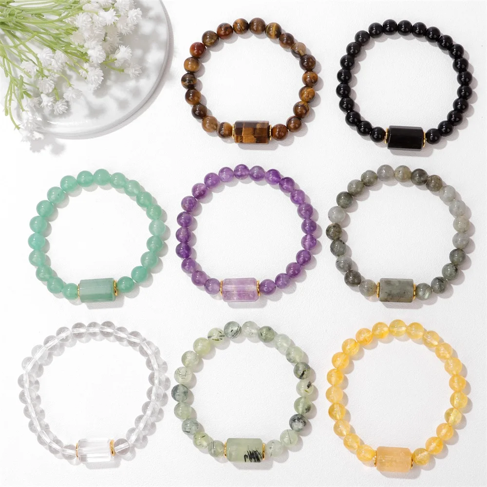 Natrual Stone Bracelet for Women Men Cylinder Crystal Charm Green Aventurine White Quartzs Obsidian Bangles Bracelet Jewelry