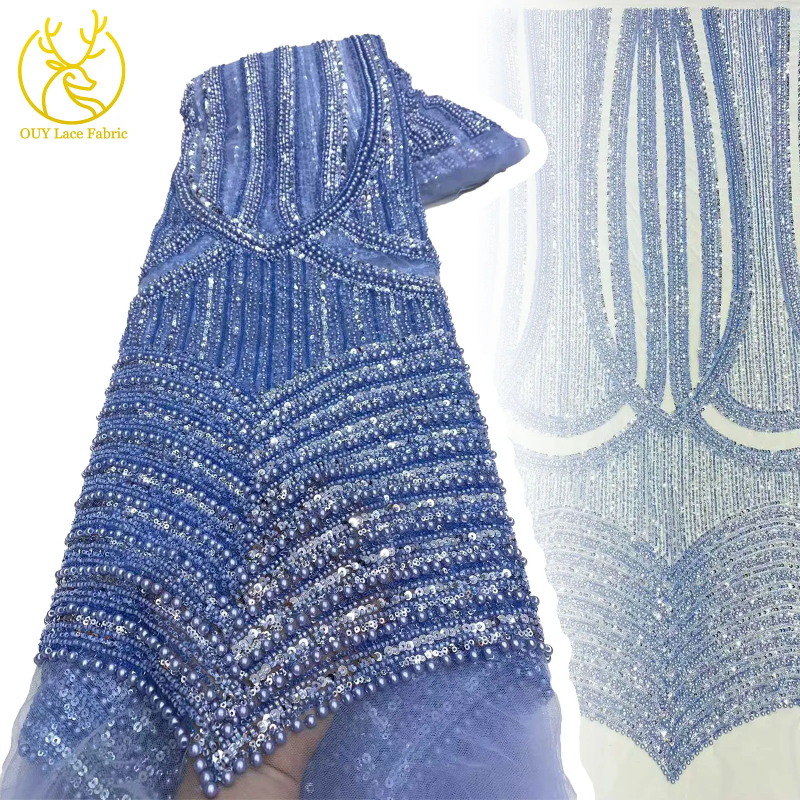 

Latest High Quality Luxury African Handmade Beaded Lace Fabric 2025 Nigeria French Sequin Lace Fabric Party Wedding Dresses