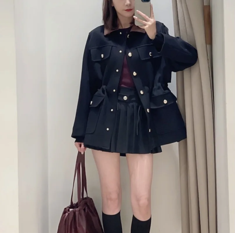 

Женское черное пальто на талии, однобортное пальто контрастного цвета с завязками на талии