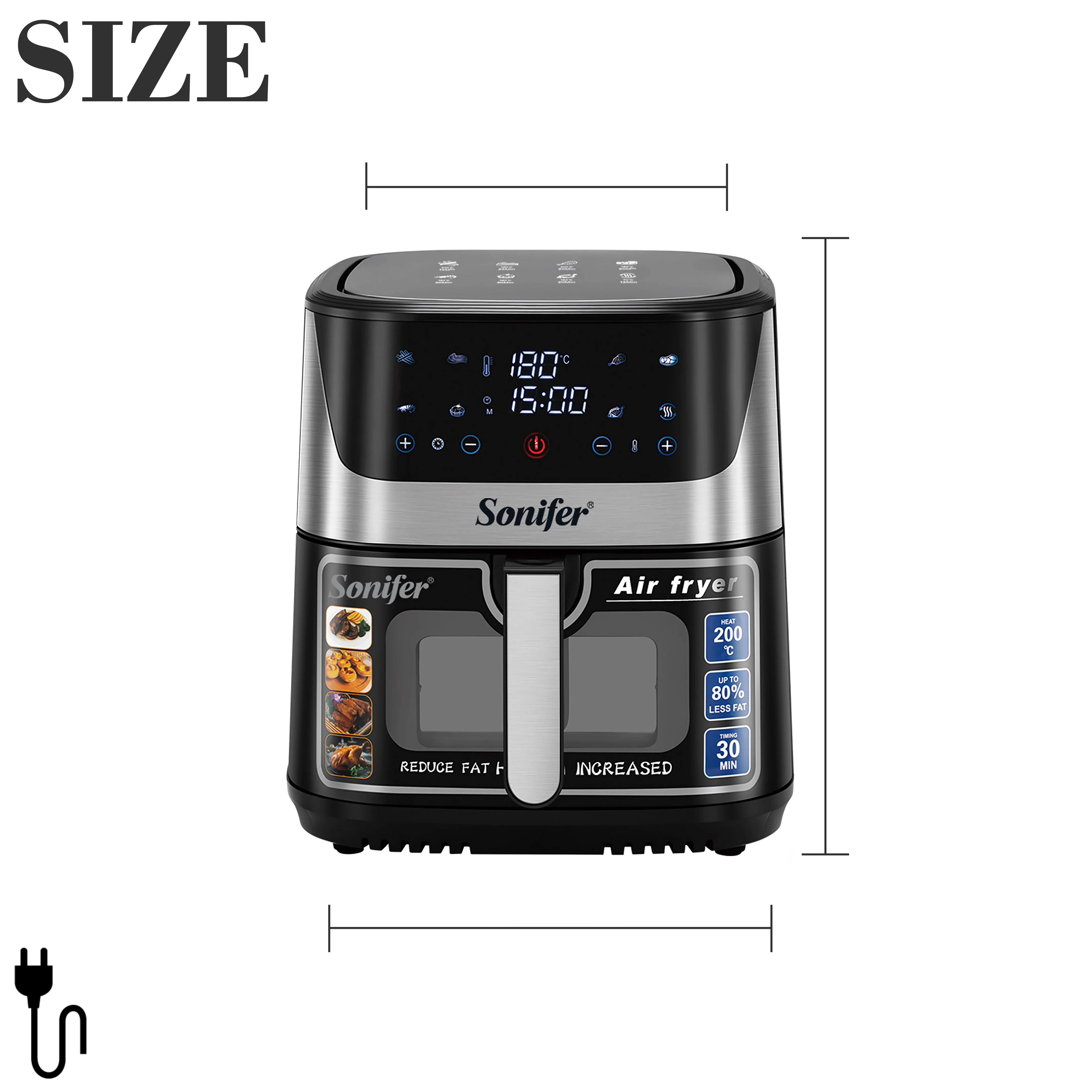 Sonifer Air Fryer SF-1034 .Frying pot capacity: 8.5L .Temperature control: 80-200°C time control: 1-60mins .LED display and touc