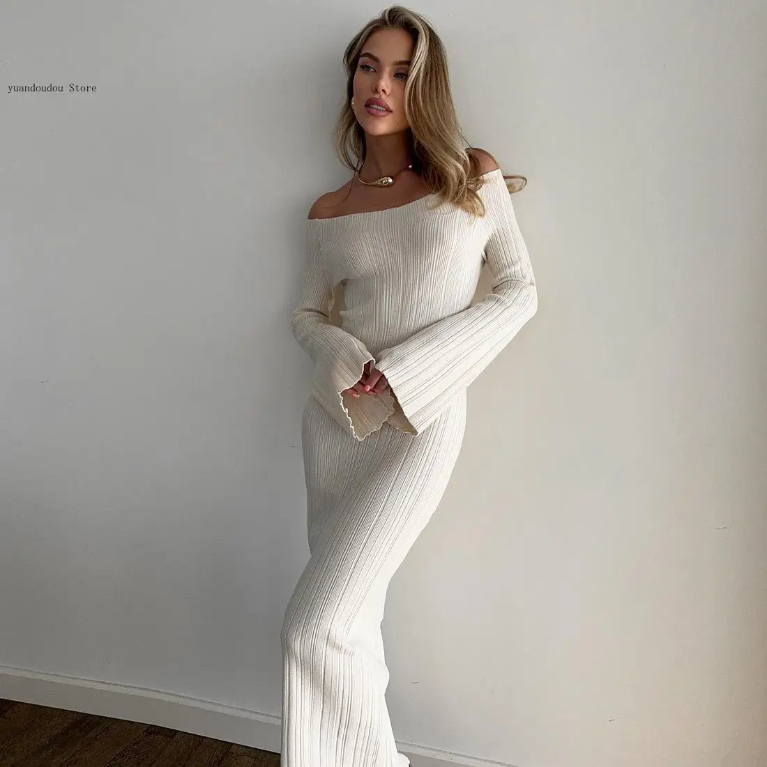 High Waist Ribbed Long Sleeve Off-Shoulder Party Dress Female Clothes Autumn Backless Elegant Long Dress for Women