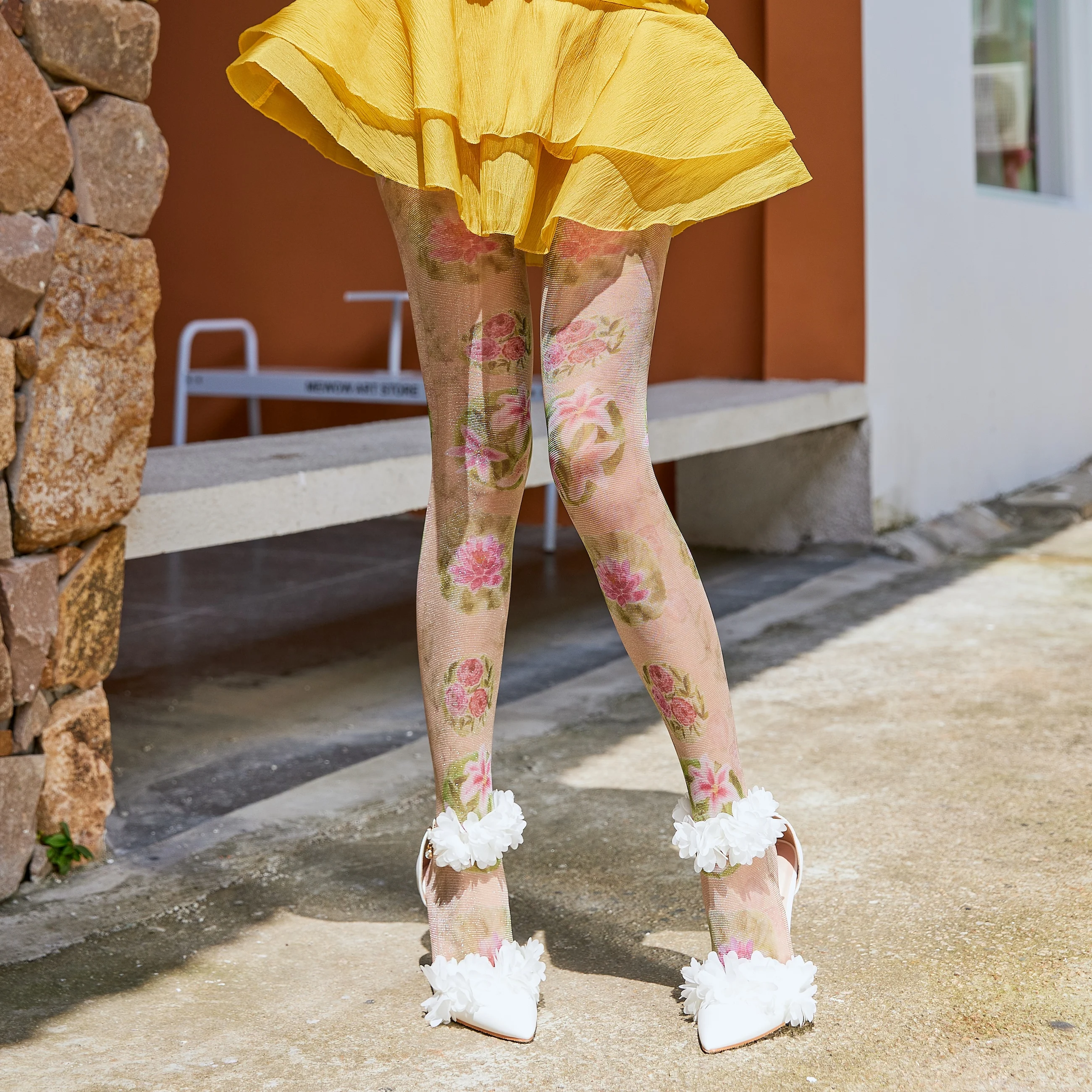 Sahabowi fashion metallic silver blue colorful flowers sparkly shiny tights print pantyhose for womens sheer stockings