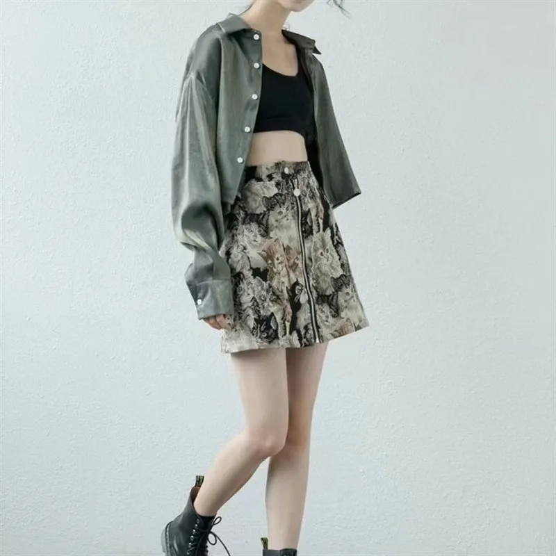 Harajuku Women Cat Pattern Mini Skirts 2024 Korean High Waist A-Line Skirts Falda Mujer Vintage Cartoon Streetwear Female Skirt